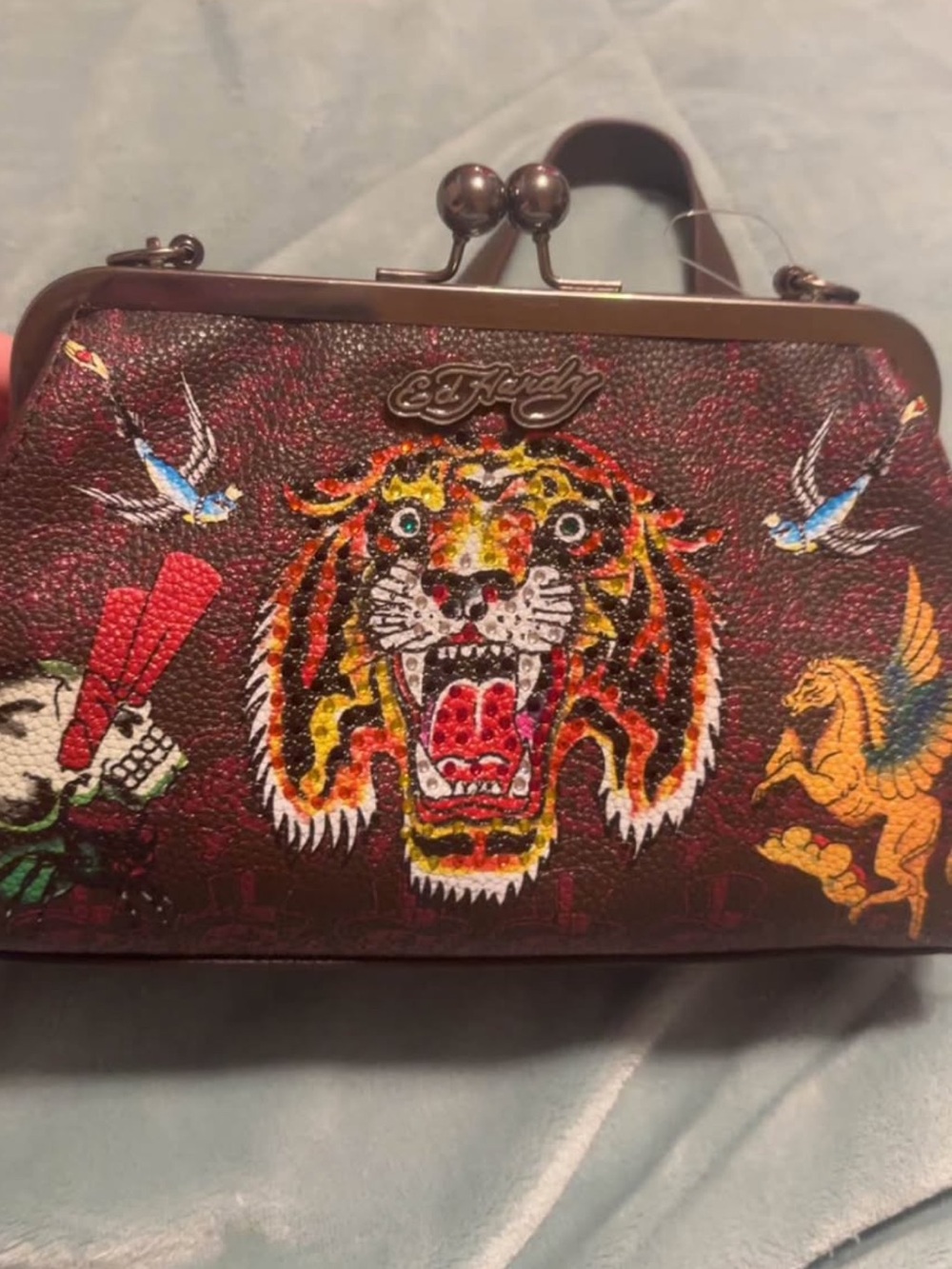 Ed Hardy Multicolor Tiger Print Kiss-Lock Clutch in Deep Red/brown